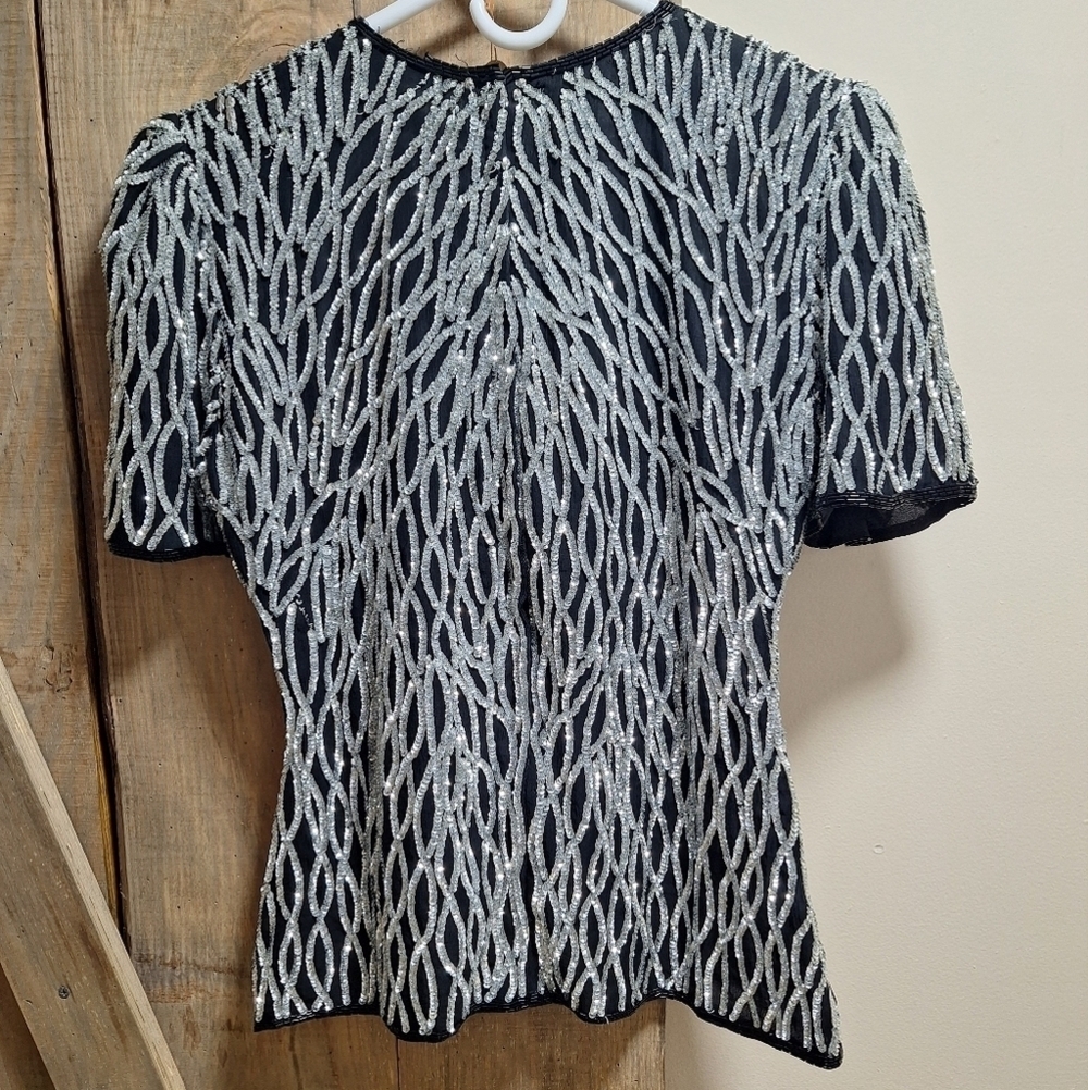 A vintage Stenay silk top with sequines in a ladies' size petite small. - Picture 4 of 7